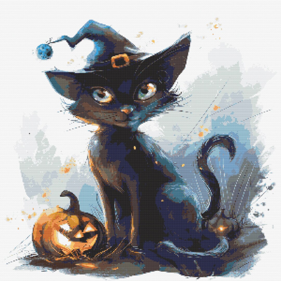 Black Cat Halloween Cross Stitch Pattern: Spooky Autumn Decor (digital ...