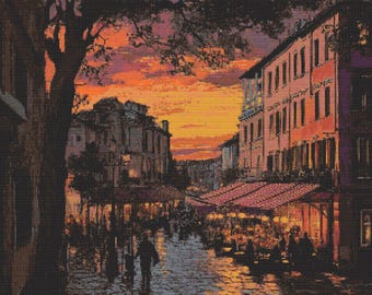 Patrón de punto de cruz de Roma, Italia: Bordado de paisaje urbano al atardecer (patrón PDF)
