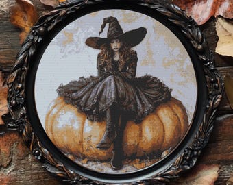Witch Pumpkin Cross Stitch Pattern  Full Coverage PDF  Keeper Patterns