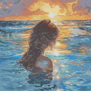 May include: A woman with long brown hair is submerged in the ocean, looking out at a sunset. The water is a vibrant blue and green, and the sky is a mix of orange, yellow, and pink.