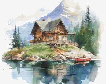 PDF Paesaggio di montagna, Schema punto croce foresta, Ricamo di boschi di pino, Sprint Nature, Arredamento Cottagecore per la casa