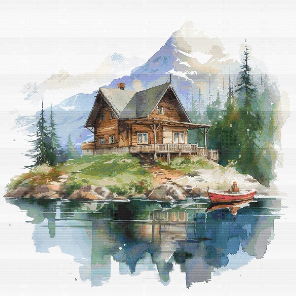 PDF Paesaggio di montagna, Schema punto croce foresta, Ricamo di boschi di pino, Sprint Nature, Arredamento Cottagecore per la casa