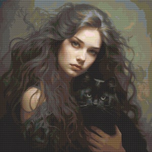 Black Cat and Girl Cross Stitch Pattern Digital Download  ,Full Coverage ,Hand Embroidery,Modern Cross Stitch