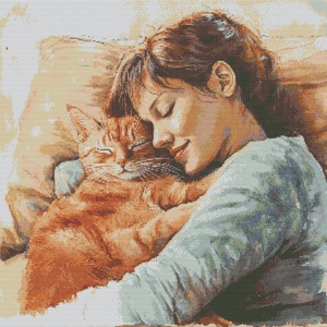 Woman and Cat Cross Stitch Pattern: Full Coverage Embroidery (Digital Download)