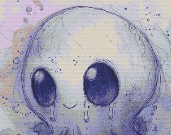 May include: A blue and white pixelated illustration of a cartoon octopus with large eyes and a smiling mouth. The octopus is surrounded by a light blue and white background with a watercolor effect.