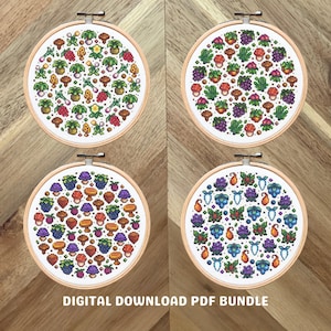 May include: Four embroidery hoop patterns featuring pixel art designs of mushrooms, berries, and leaves. The patterns are on a white background with colourful pixel art designs.