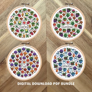 May include: Four embroidery hoop patterns featuring a circle of various fruits, vegetables, and mushrooms with the words "I love Spring", "I love Summer", "I love Fall", and "I love Winter" in the center of each hoop.
