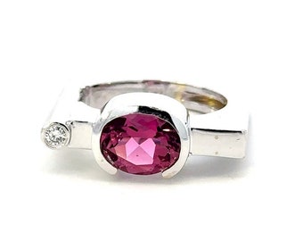 GENUINE 14KT White Gold Pink Tourmaline Ring W/ Single Diamond