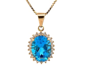 GENUINE 14KT Yellow Gold Blue Topaz Necklace W/ Diamonds