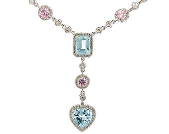 GENUINE 18KT White Gold Aquamarine & Sapphire Necklace W/ Diamonds