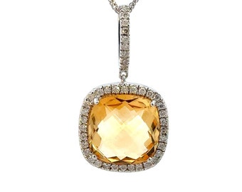 GENUINE 14KT White Gold Yellow Topaz Necklace W/ Diamonds