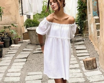 White Cotton Muslin Off Shoulder Dress, Puff Sleeves Summer Sundress