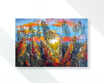 FLOWERS IN FIELD Original Acrylic Painting: Sunset Meadow Floral Wall Art (11.7x8 inch)