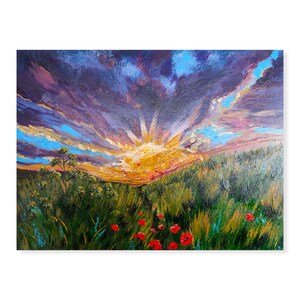 Pintura acrílica do pôr do sol, arte impressionista original, paisagem colorida do pôr do sol, campo de flores silvestres, arte de parede da natureza, hora dourada do verão