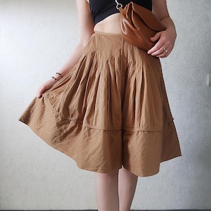 90s Vintage STRENESSE BLUE Tan Skirt, Brown Thick Cotton High Waisted Flared Skirt, German Designer Knee Length A-line Pleated Summer Skirt