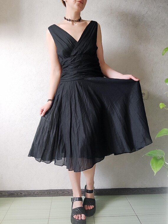 Vintage Monsoon Black Cotton Dress, Pure Cotton Sleeveless Midi Dress, Fit & Flare V-Neck Summer Dress, Wrap Style A-line Ruched Waist Dress
