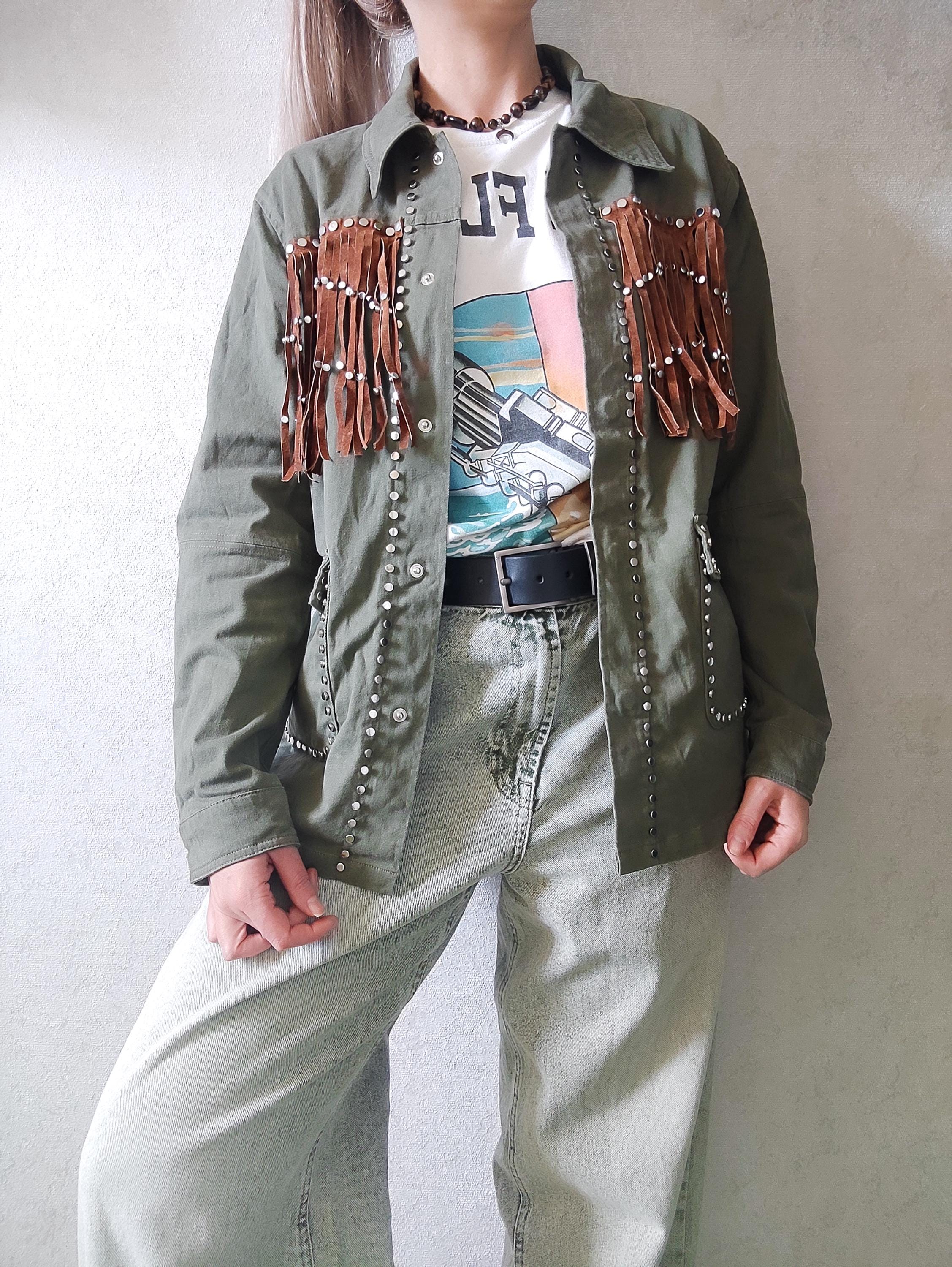 Vintage Zara Denim Jacket: Khaki Green Military Studs, Suede 