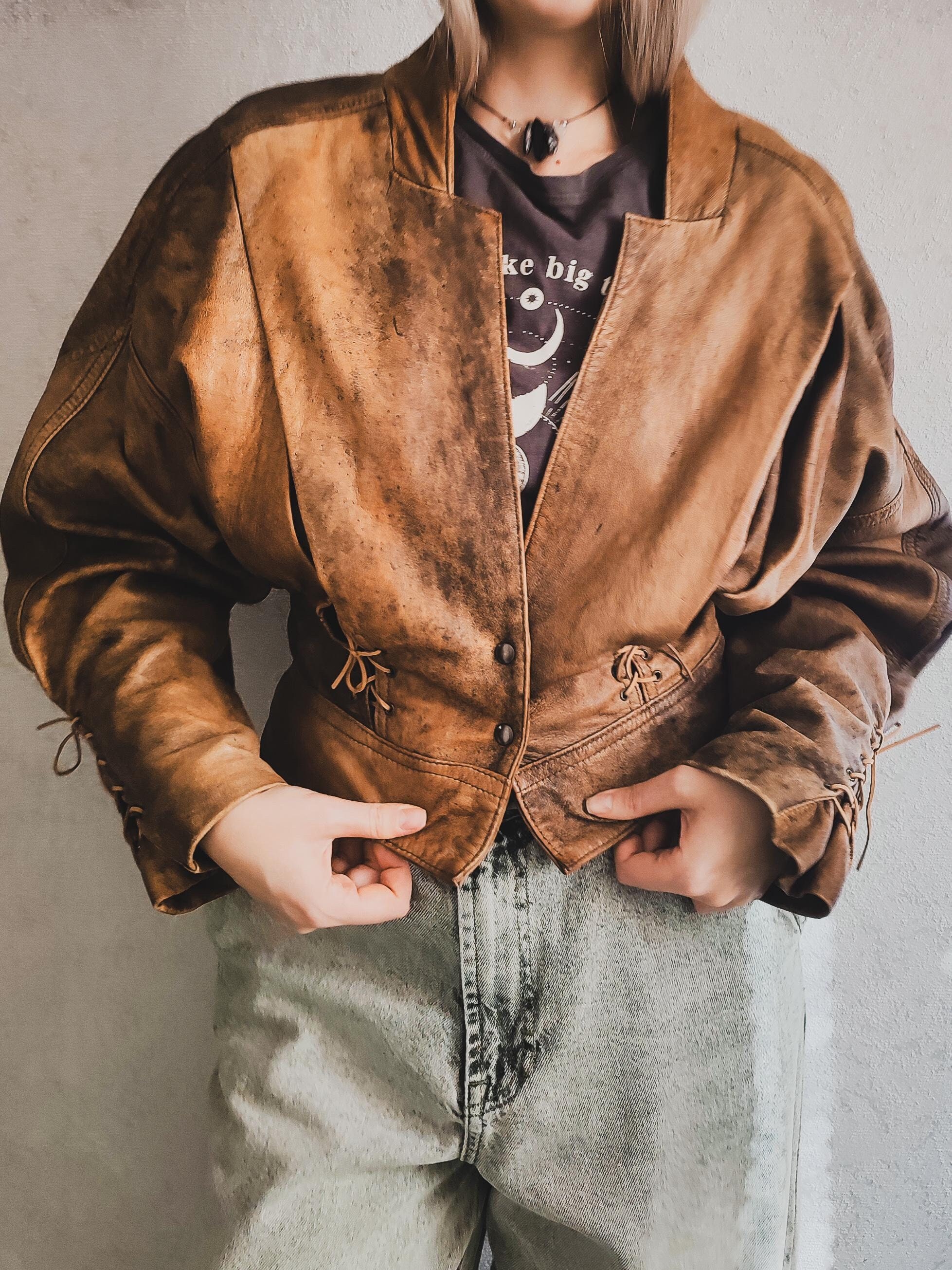 Vintage Brown Leather Jacket, Grunge Cropped Distressed Jacket Size M, Leatherjacket Women Bolero, Lace up Leather Jacket 80s 90s Rare Find - Etsy Vintage Brown Leather Jacket, Grunge Cropped Distressed Jacket Size M, Leatherjacket Women Bolero, Lace up Leather Jacket 80s 90s Rare Find - Etsy
