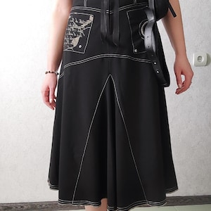90s Y2K Black Cotton Midi Skirt: High Waisted Pleated Grunge XL/2XL