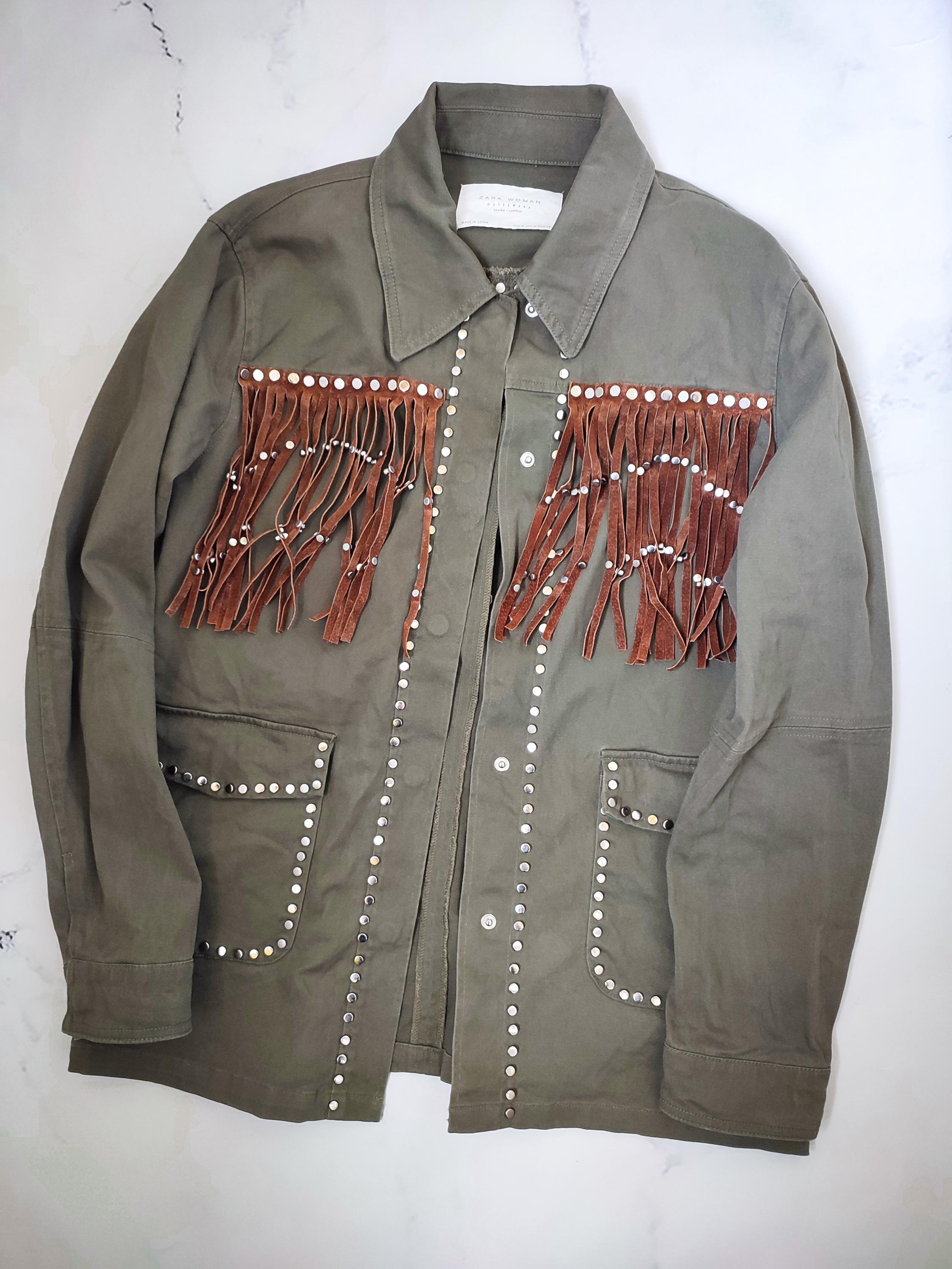 Vintage Zara Denim Jacket: Khaki Green Military Studs, Suede 