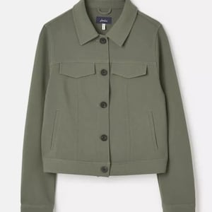JOULES Khaki Green Jersey Jacket: British Button-Up Style