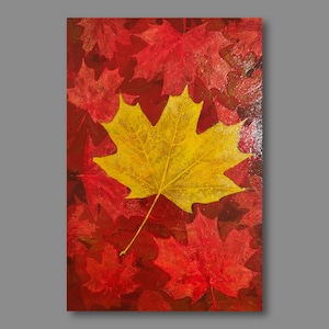 Original Maple Leaf Acrylic Painting: Autumn Botanical Art (7.9x11.8 inches)