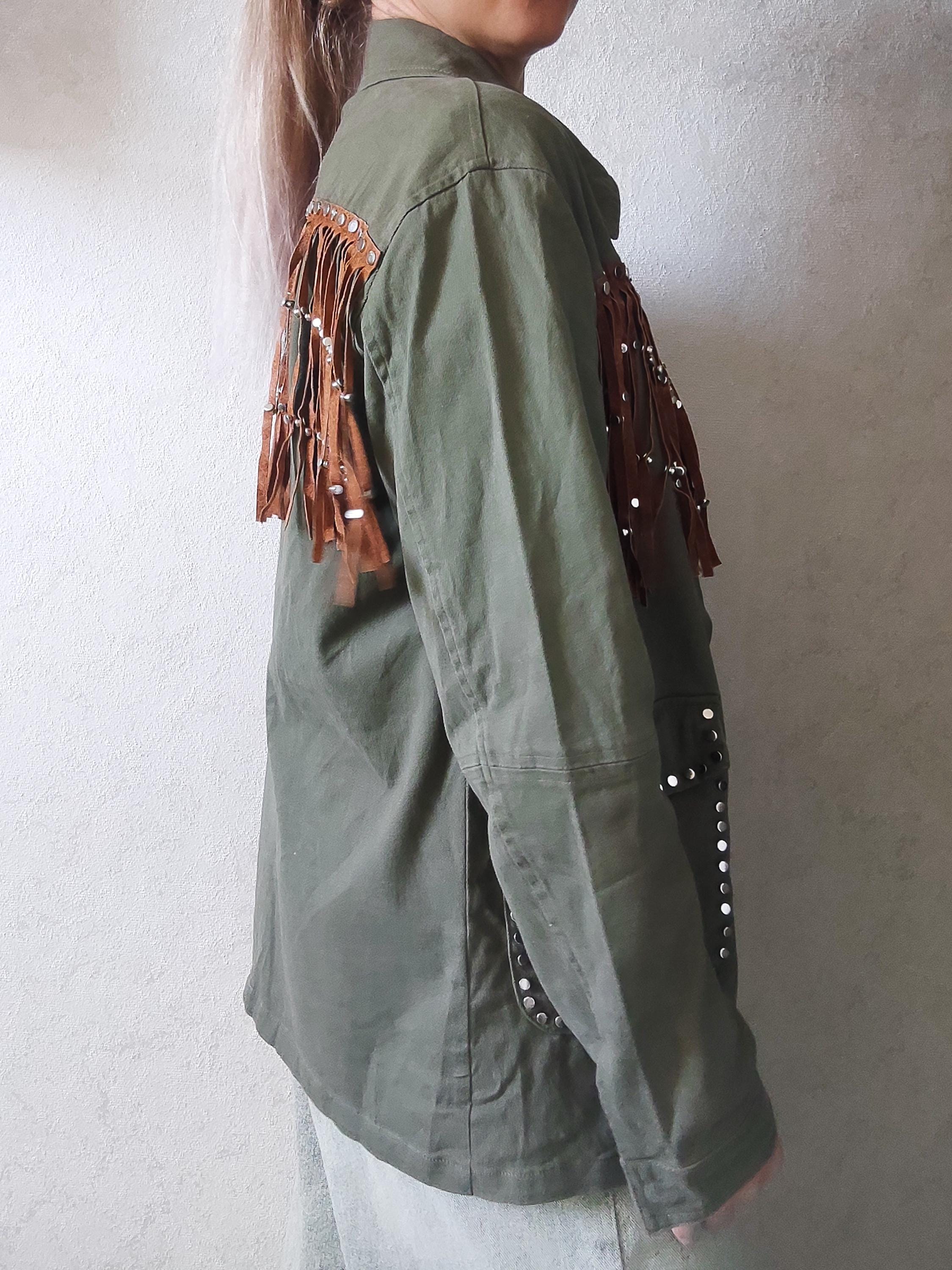 Vintage Zara Denim Jacket: Khaki Green Military Studs, Suede 