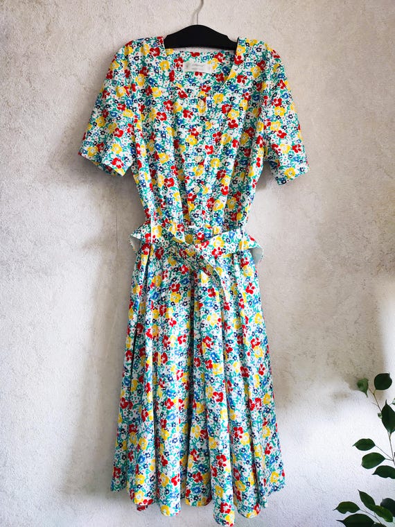 60s style midi dress Vintage 60s Dress M/L Green Floral Embroidery Lace Satin Ruffle Puff Sleeve Midi