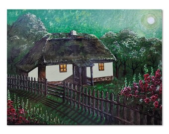 Ukrainskt etniskt hus Original akrylmålning: Mystisk natt i Poltava, folkkonst (43x28 cm)