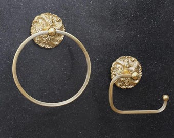 Messing Blumen Badezimmer Set: Handtuchring & Toilettenpapierhalter