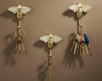 SHOBIXX- Mother of Pearl Bee Shape Brass Wall Hook | Key Holder Coat Hook | Wall Mounted Gold Hooks | Entryway Organizer | Laundry Room Hook