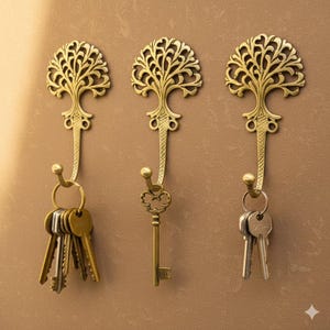 SHOBIXX - Confezione da 3 ganci portachiavi in ottone fatti a mano con motivo ad albero per parete / Decorazione per la casa in stile vintage / Portachiavi / Regalo di inaugurazione della casa, stile vintage
