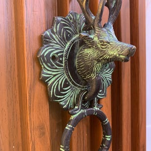 SHOBIXX | Handcrafted Reindeer Head Brass Door Knocker | Unique Door Knocker with Good Sound | Antique Brass Reindeer Shape Front Door Bell