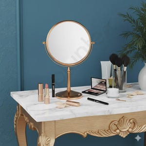 Può includere: Uno specchio da toeletta dorato con cornice e supporto rotondi. Prodotti per il trucco, tra cui rossetto, mascara e ombretto, sono disposti su un tavolo con motivo marmoreo. Sono visibili anche un piccolo set di pennelli per il trucco e una pianta in un vaso bianco.