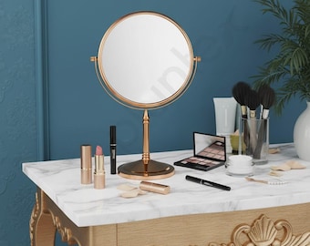 SHOBIXX- Premium Brass Magnifying Mirror | Dual Side Makeup Mirror with 5x/1x Magnification | Tabletop Vanity Hand Mirrors Stand | 8 INCH