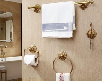 SHOBIXX / Accesorios de baño con base floral de latón / Porta pañuelos / Gancho para bata / Aro para toalla / Barra para toalla floral / Decoración moderna
