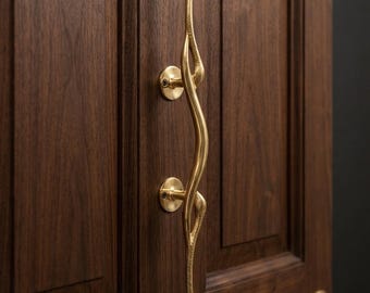 May include: A brass door pull with an organic, flowing design. The handle curves gracefully, with a textured surface and a rounded top and bottom. The pull is mounted on a dark wooden door.