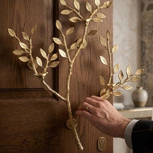 May include: A gold-coloured door handle shaped like a tree branch with leaves and birds. It's mounted on a dark wooden door. The design is detailed, adding a touch of nature-inspired elegance. The door handle is a decorative element.
