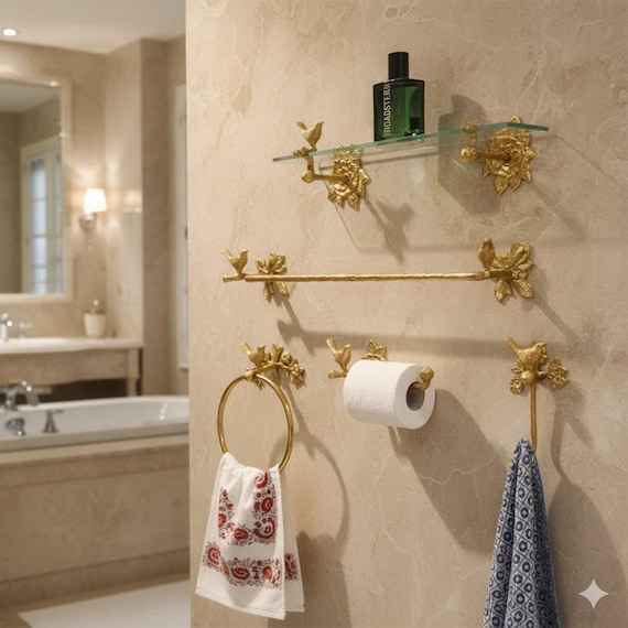 SHOBIXX | Antique Brass Bird Bathroom Accesories | Towel Ring | Toilet Roll Holder | Towel Bar | Tp Holder | Wall Bracket Shelves Wall Hooks
