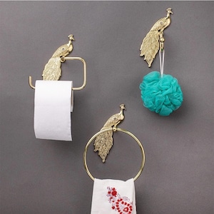 SHOBIXX- Set di 3 ganci a forma di pavone in ottone di alta qualità fatti a mano per il bagno / porta carta igienica / gancio da parete / porta asciugamani / arredamento per il bagno