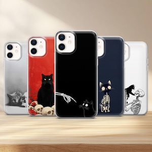 Skeleton Cat Phone Case Gothic Cover for iPhone 17, 16, 15, 14, 13, 12, Samsung S25, S24 FE, S23, S22, A56, A16, Google Pixel 10, 9, 8, 7