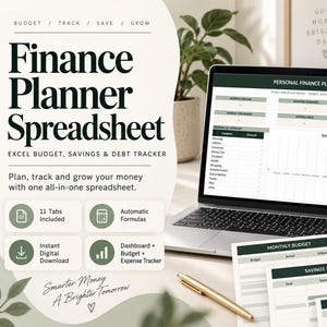 Può includere: Un foglio di calcolo digitale per la pianificazione finanziaria visualizzato sullo schermo di un portatile e su pagine stampate. Il testo recita Finance Planner Spreadsheet, Budget, Track, Save, Grow, Excel Budget, Savings & Debt Tracker e Smarter Money A Brighter Tomorrow.
