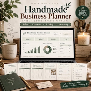 Può includere: Un modello di pianificatore aziendale digitale per Excel e Google Sheets visualizzato su uno schermo di un portatile, con dashboard per vendite, spese e profitti. Sei schede stampate mostrano tracker per vendite, spese, inventario e obiettivi.