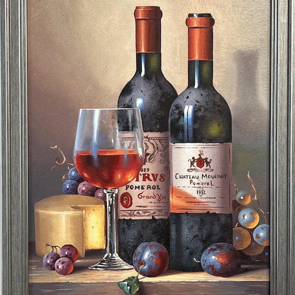 Nature morte avec une bouteille de vin en verre Peinture à l'huile originale Réalisme Toile à l'huile