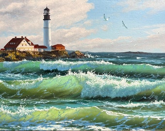 Lighthouse Oil Painting on Canvas Painting Realistic Storm Sea Waves