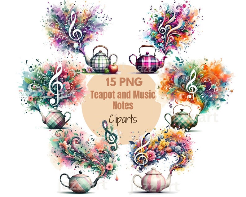 Teapot and Music Notes Clipart Bundle, Tea Party Clipart, Watercolor ...