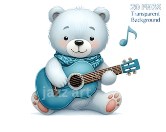 Blue Musical Animals Clipart: Watercolor Instrument Graphics (Digital Download)