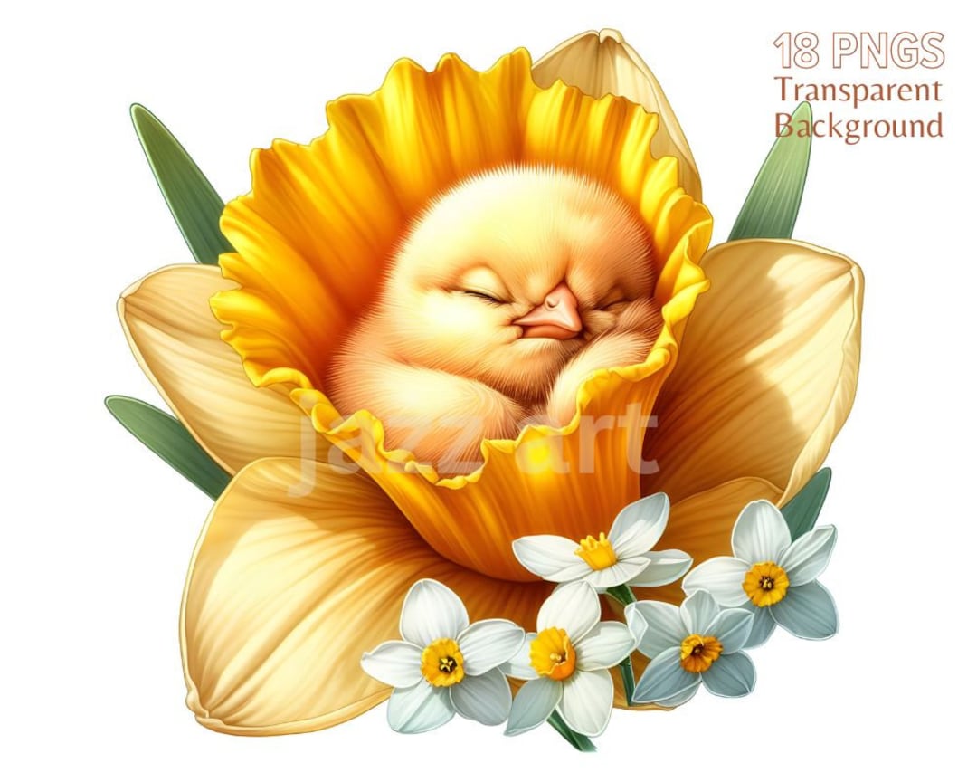 Chick and Flowers Clipart Bundle: Spring Watercolor PNG Graphics ...