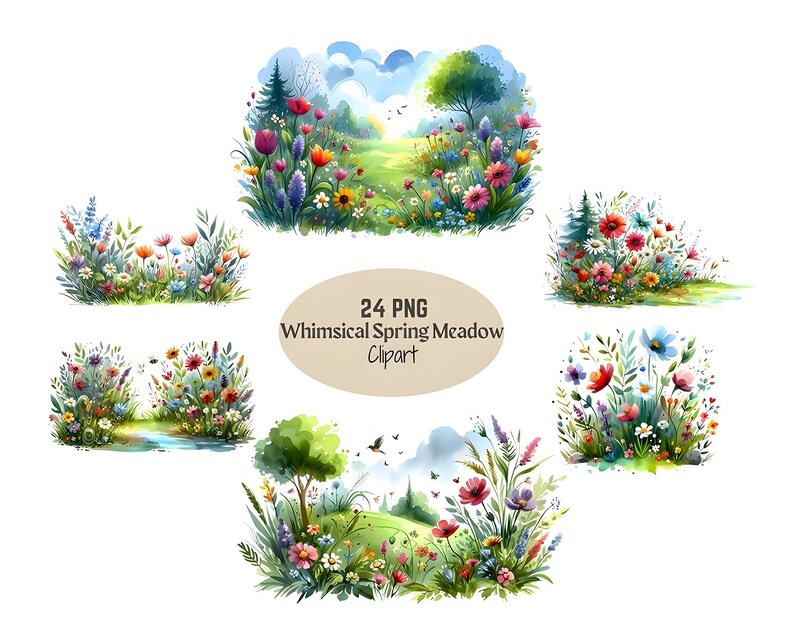 Watercolor Spring Meadow Clipart: Floral Illustration Bundle (PNG ...