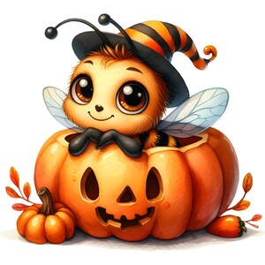 May include: A cartoon bee wearing a witch's hat, nestled inside a carved orange pumpkin. The bee has large brown eyes and transparent wings. A small pumpkin and autumn leaves are next to the larger pumpkin.